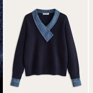 Commense Navy V‑Neck Sweater with Denim Trim